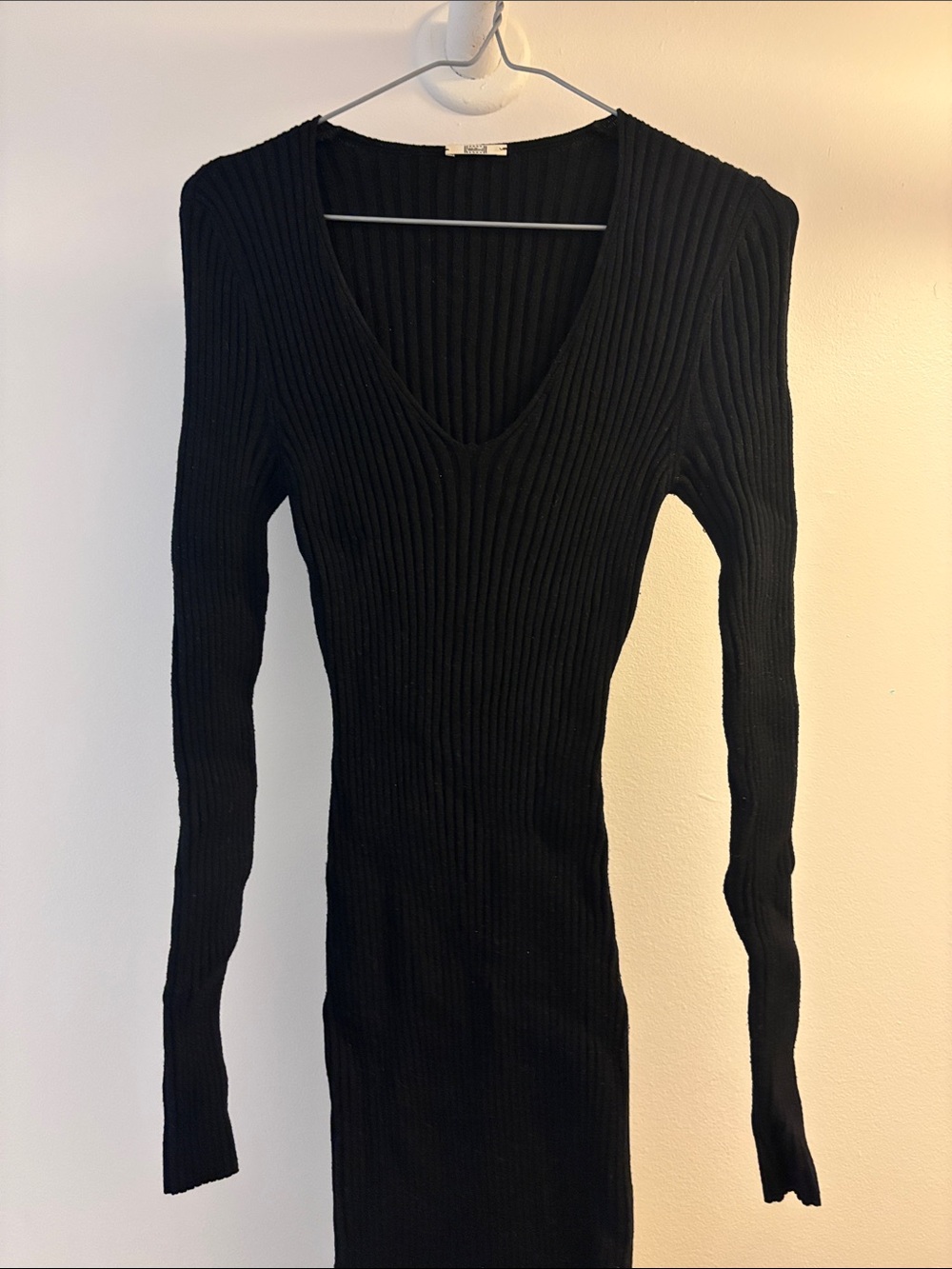 Black Ribbed V-Neck Women's Dress